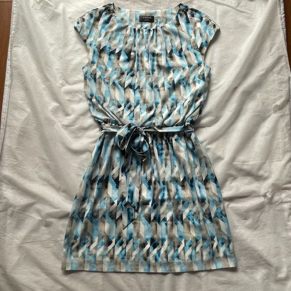 Guess Blue and White Geometric Belted Dress, Size 6 - Picture 2 of 10